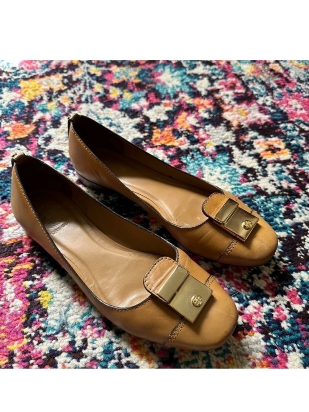 Tory Burch Priscilla Leather Flat Vicua Womens 7 Tan